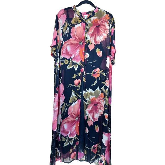 Avenue Dresses & Skirts - Avenue Plus Size 18/20 Sheer Black Orange Floral Button Front Maxi Duster Dress